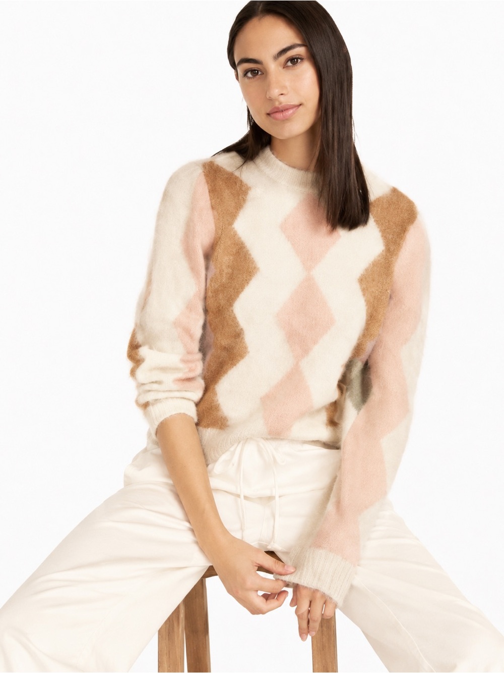 J. Crew Diamond-Checked Argyle Cropped 0937 Alpaca Blend Crewneck Sweater XXL